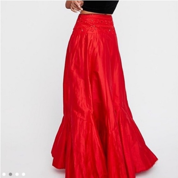 New Free People FP ONE Party Maxi Skirt Taffeta Embellished Waist Band 2 Red - Picture 2 of 16